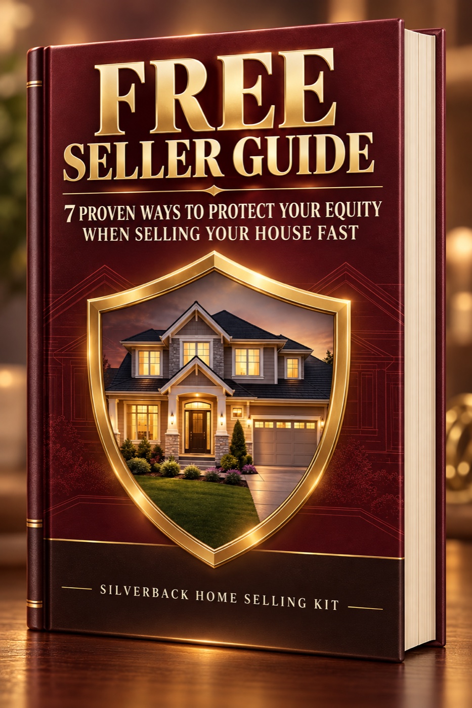 Maroon and gold three-dimensional cover for the free guide, 7 Proven Ways to Protect Your Equity When Selling Your House Fast
