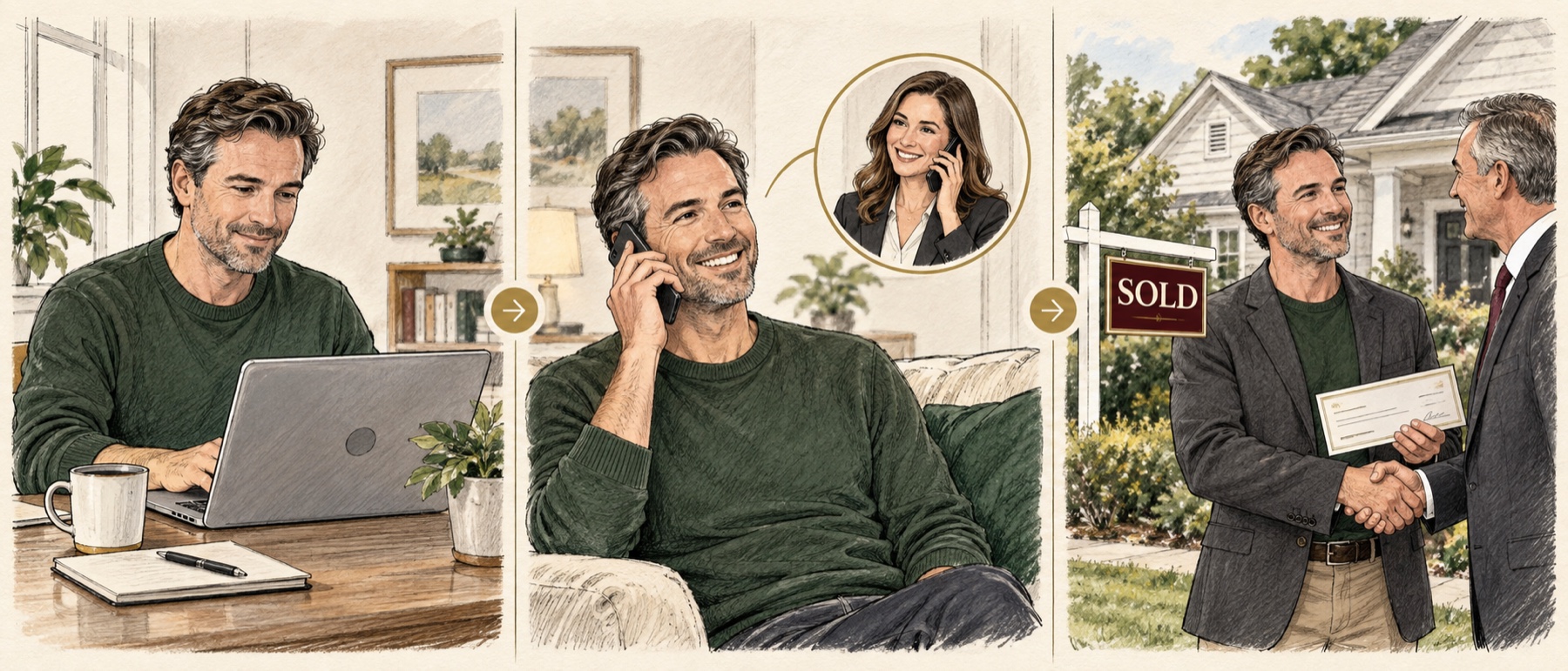 Three-step illustration showing a homeowner completing the form, receiving a phone call, and completing a successful home sale